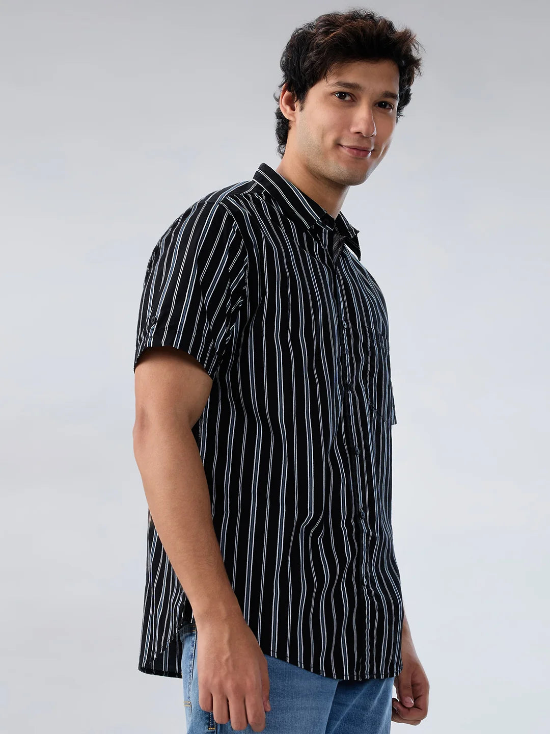 Men Shirt Stripe Black Regular Fit