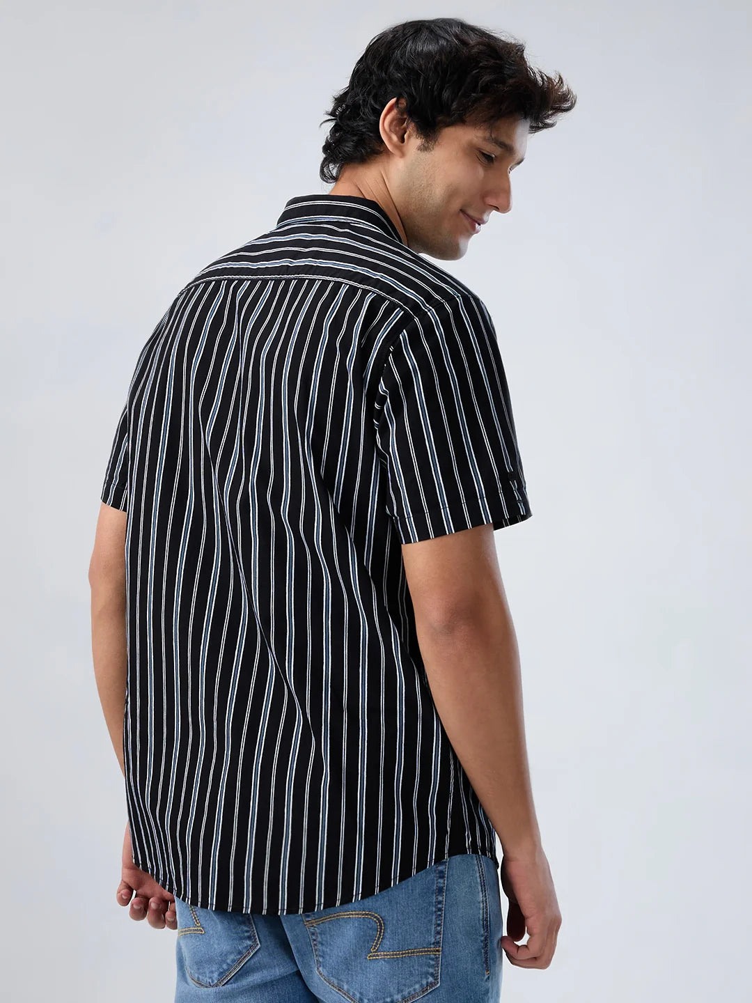 Men Shirt Stripe Black Regular Fit