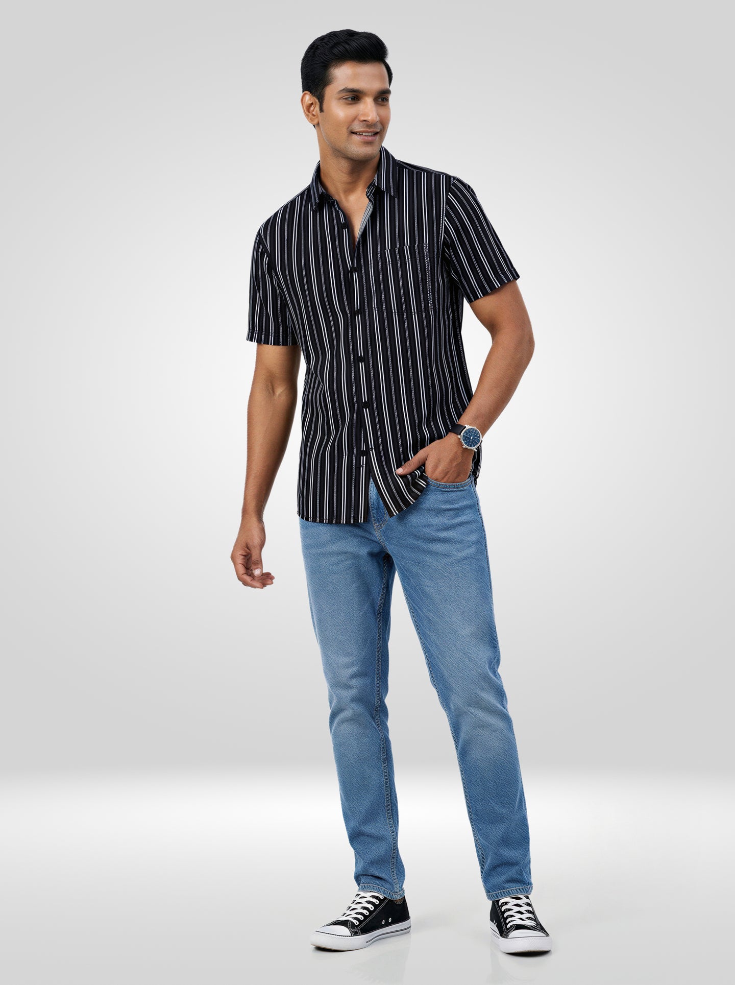Men Shirt Stripe Black Regular Fit