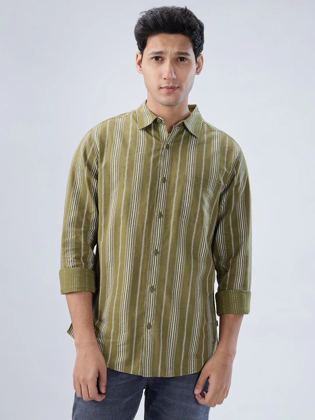 Men Shirt Stripe Green Regular Fit