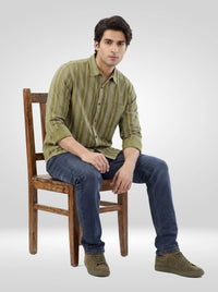 Men Shirt Stripe Green Regular Fit