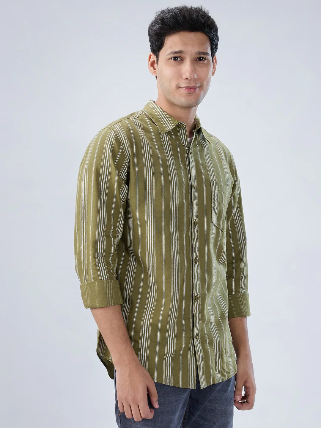 Men Shirt Stripe Green Regular Fit