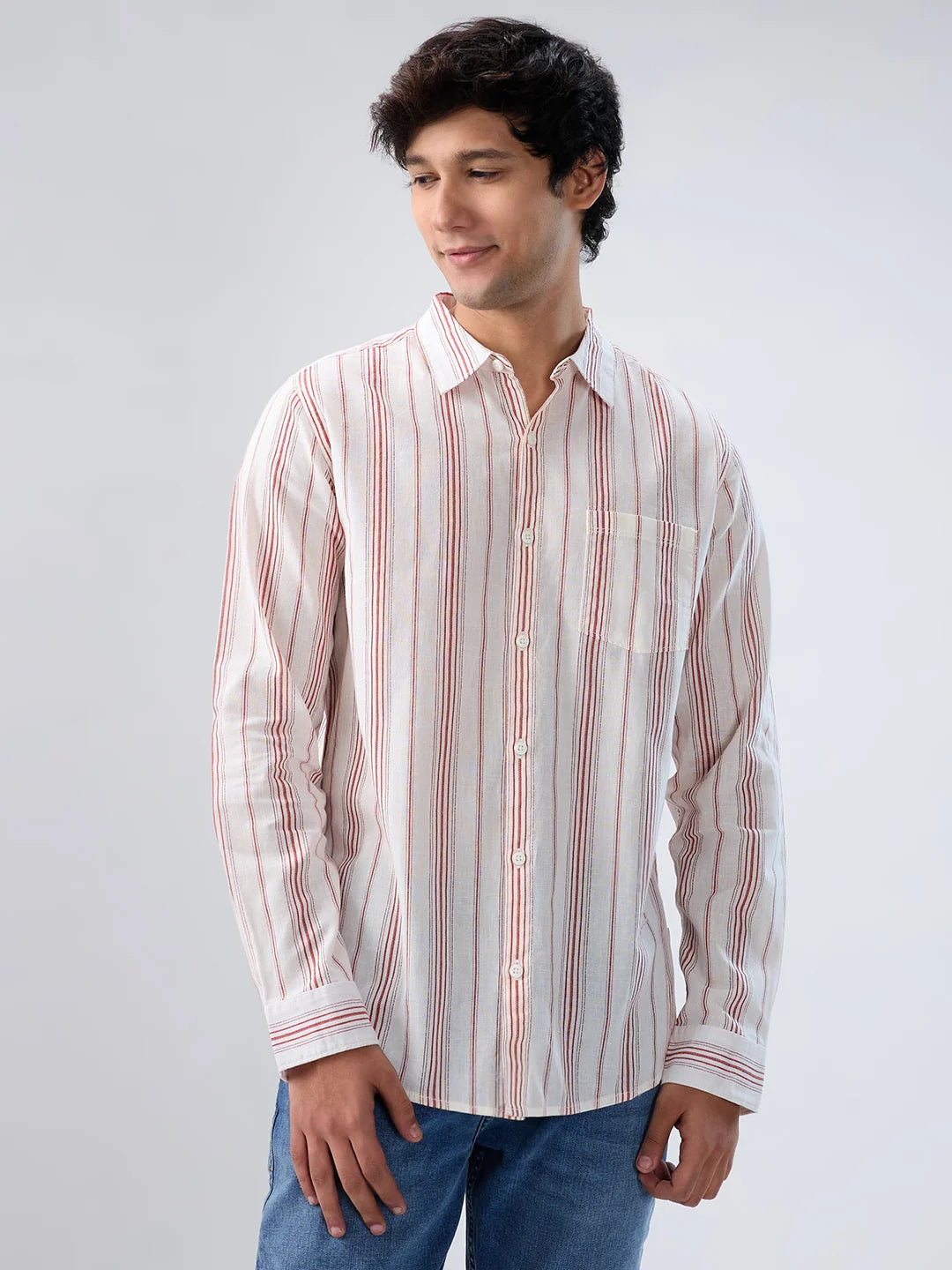 Men Shirt Stripe Off White Regular Fit