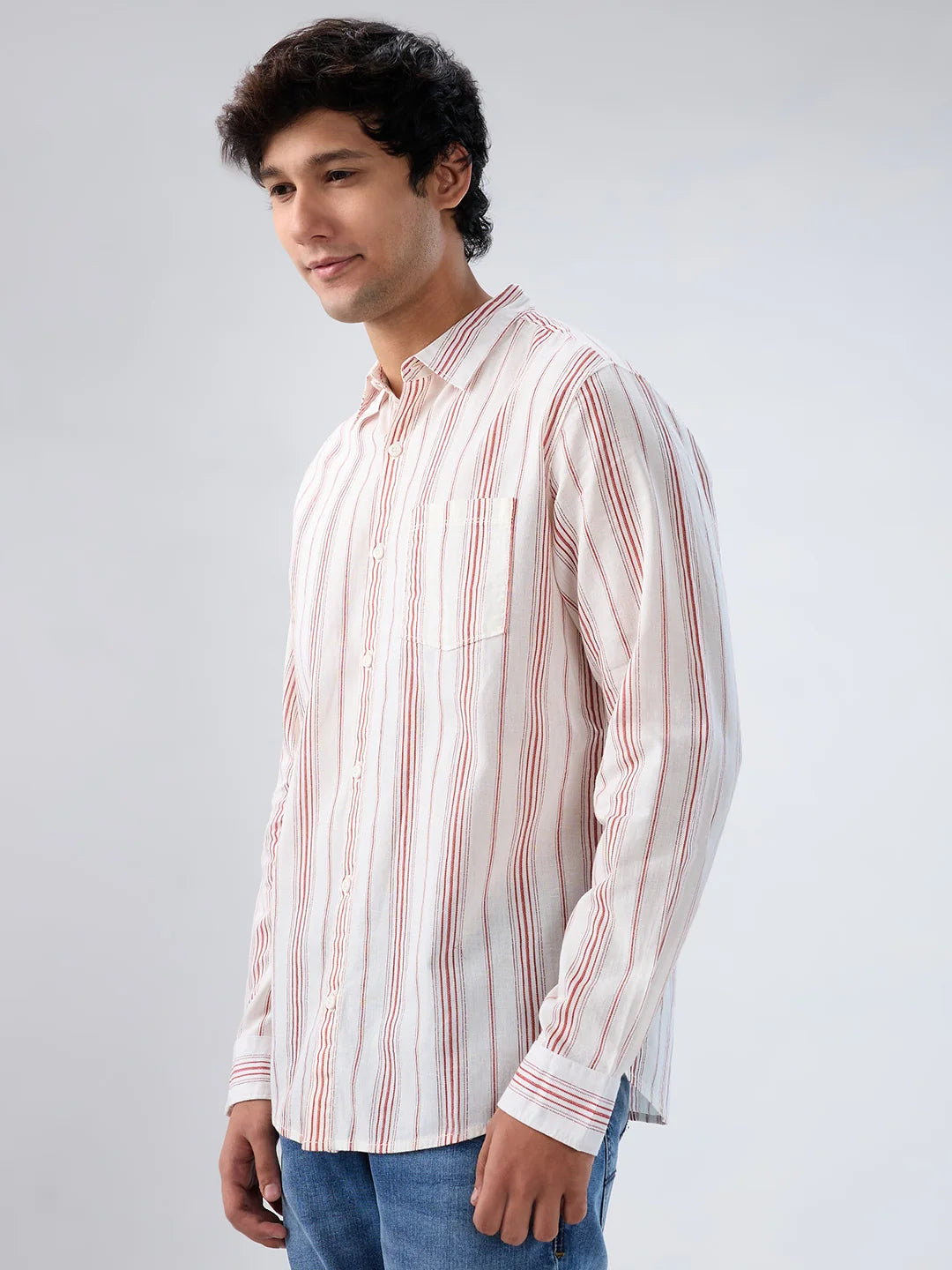 Men Shirt Stripe Off White Regular Fit