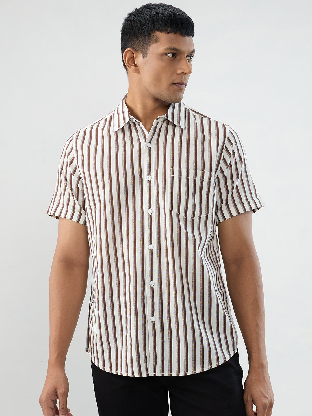 Men Shirt Stripe Brown Regular Fit