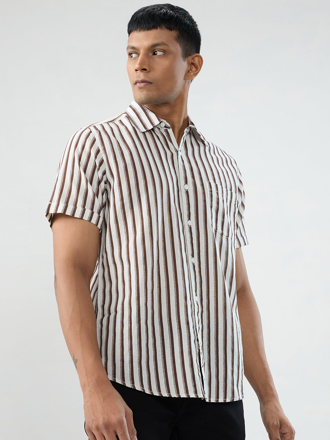 Men Shirt Stripe Brown Regular Fit