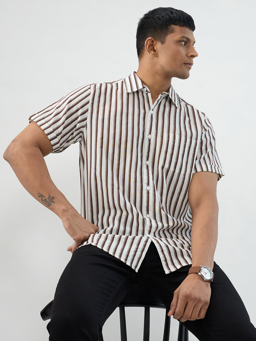 Men Shirt Stripe Brown Regular Fit