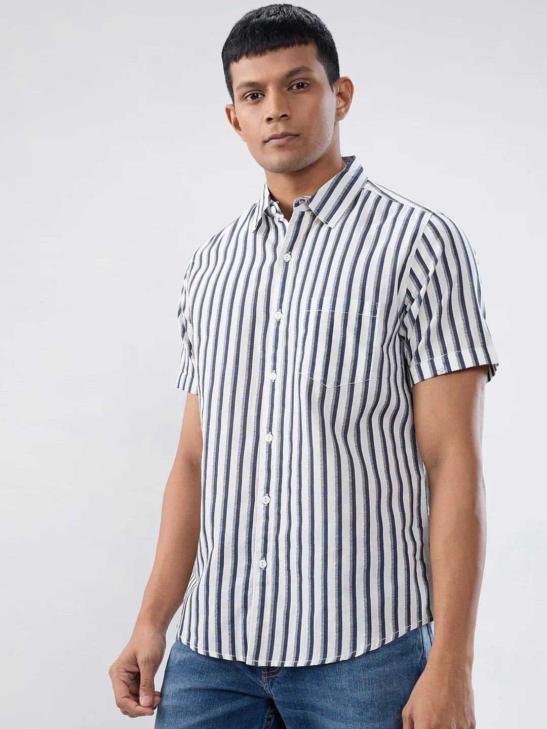 Men Shirt Stripe Navy Blue Regular Fit