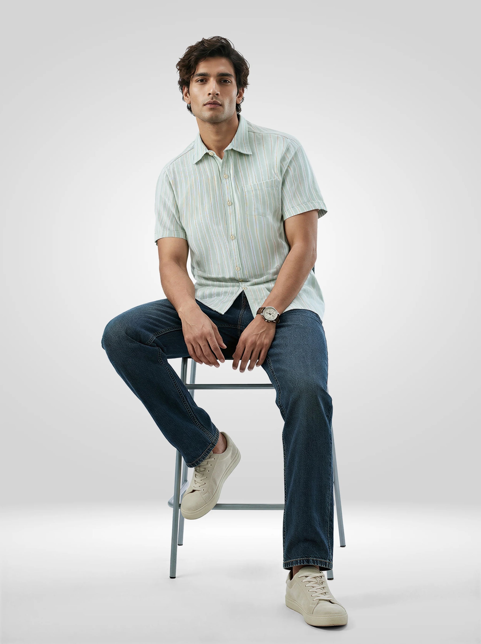 Men Shirt Stripe Green Regular Fit