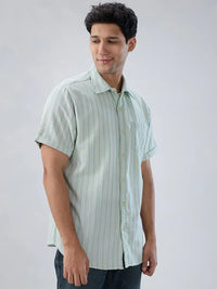Men Shirt Stripe Green Regular Fit