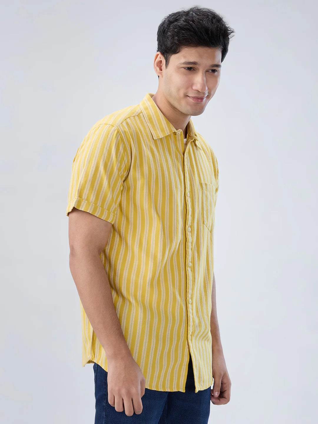 Men Shirt Stripe Yellow Regular Fit