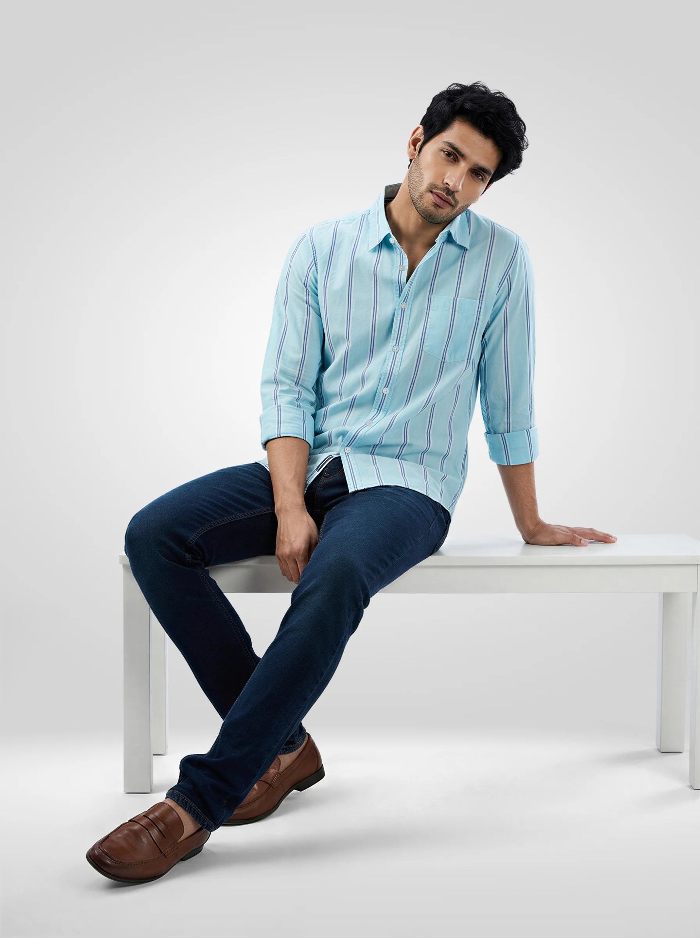 Men Shirt Stripe Blue Regular Fit