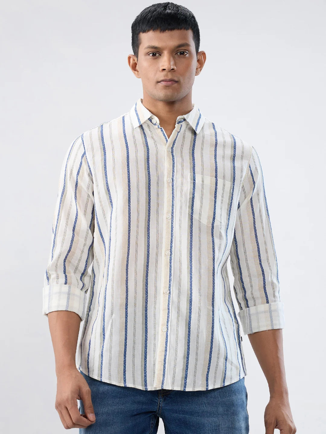 Men Off White Stripe Regular Fit Shirts
