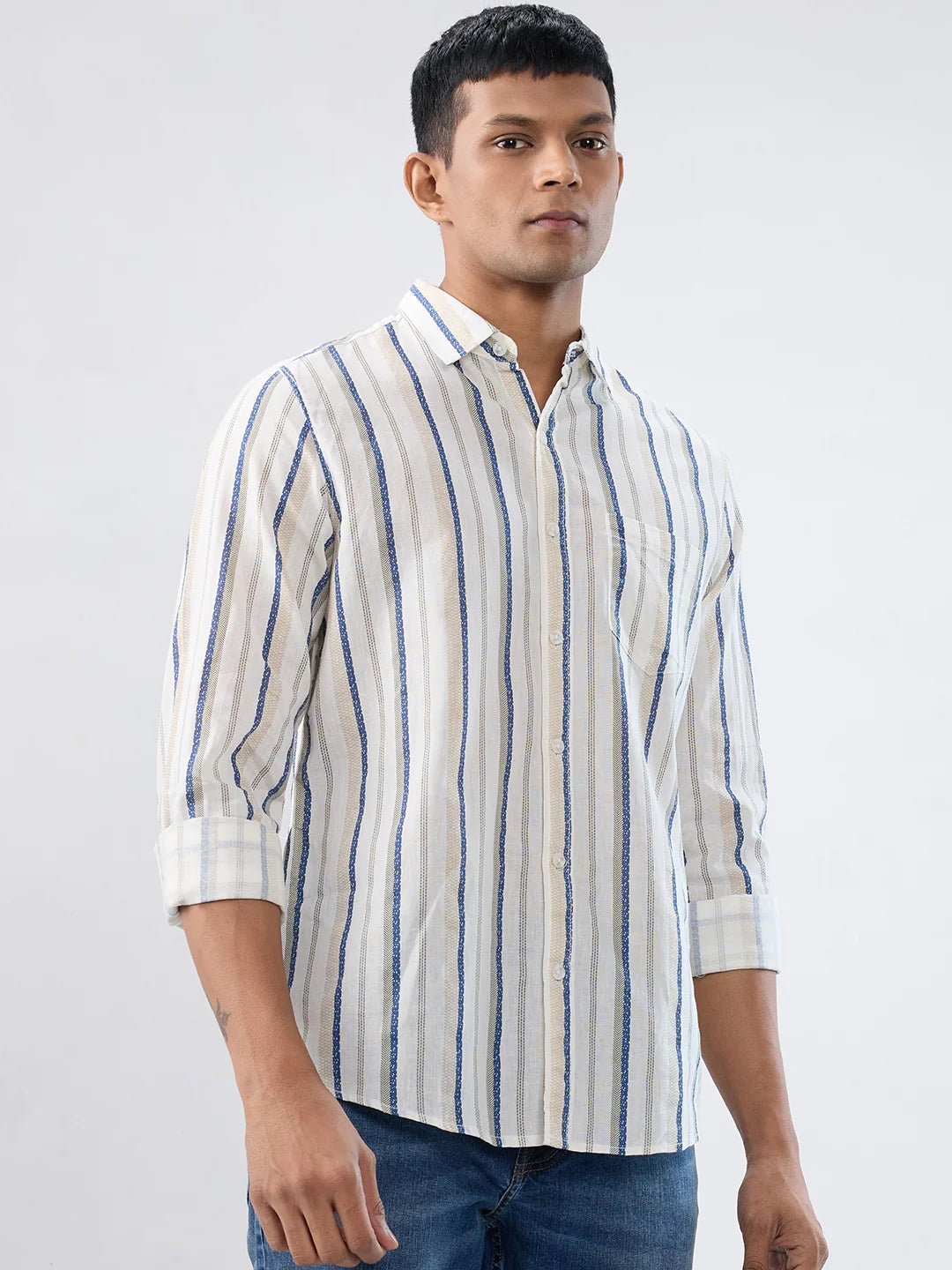 Men Shirt Stripe Off White Regular Fit
