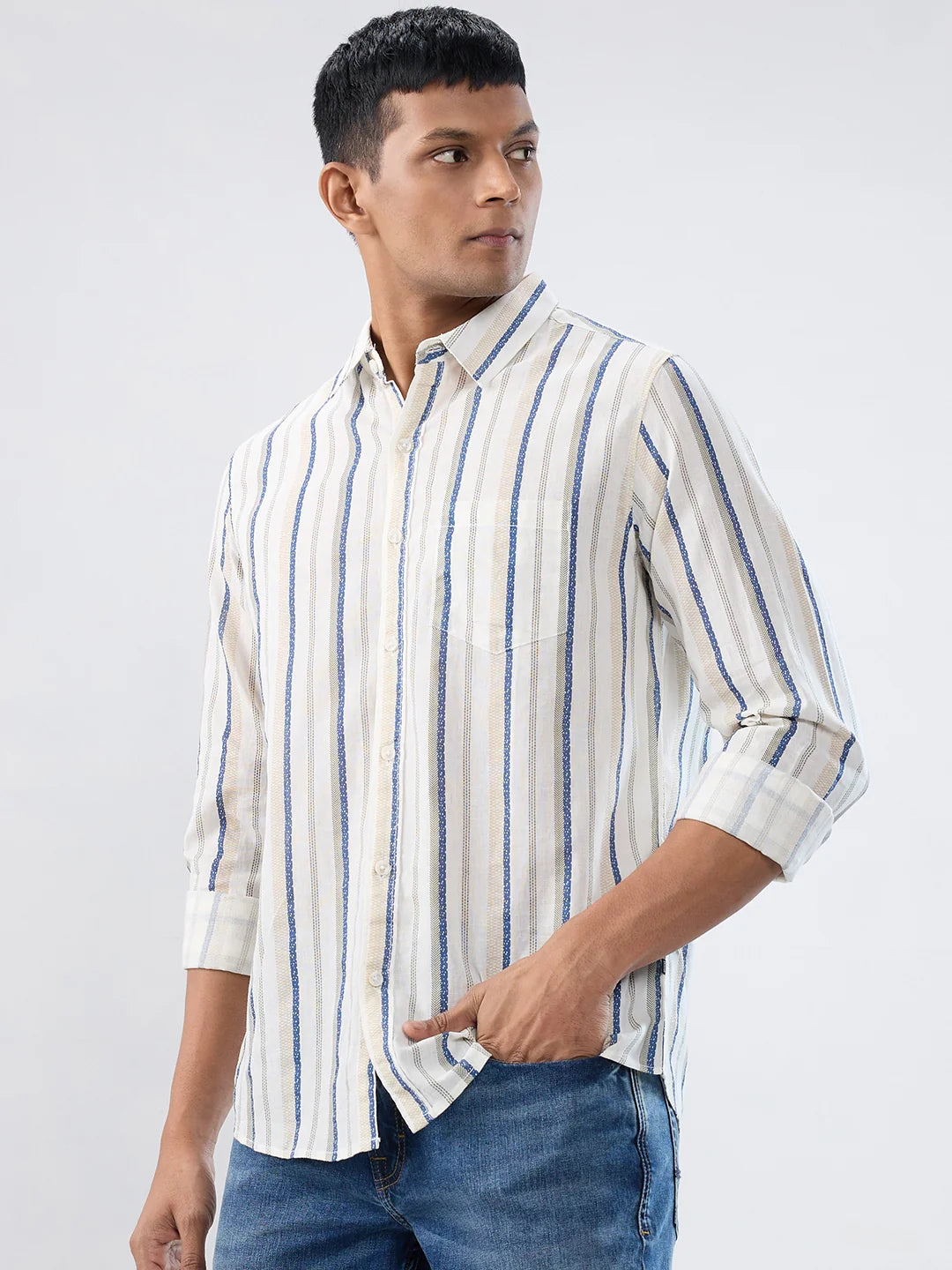Men Shirt Stripe Off White Regular Fit