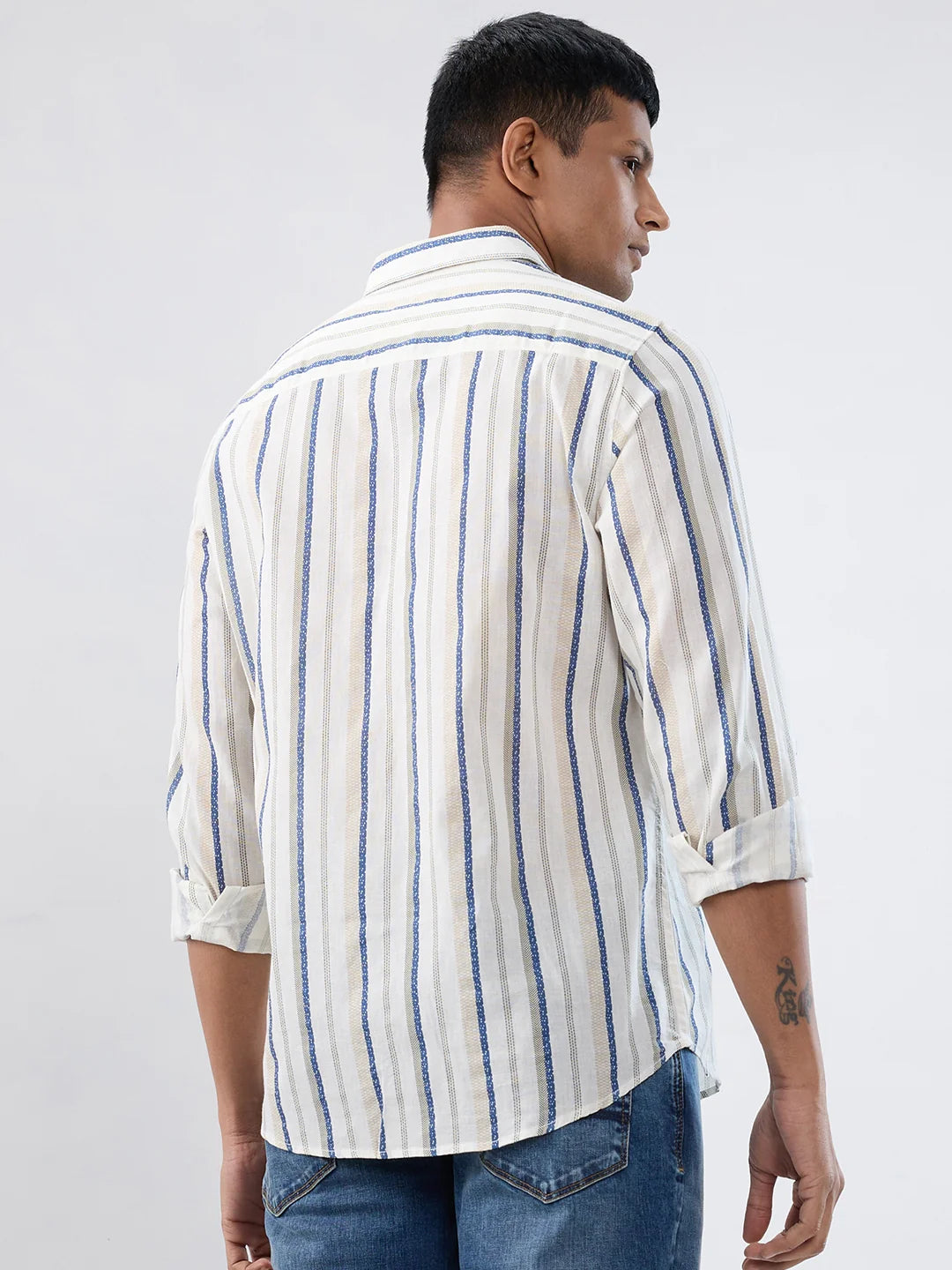 Men Shirt Stripe Off White Regular Fit