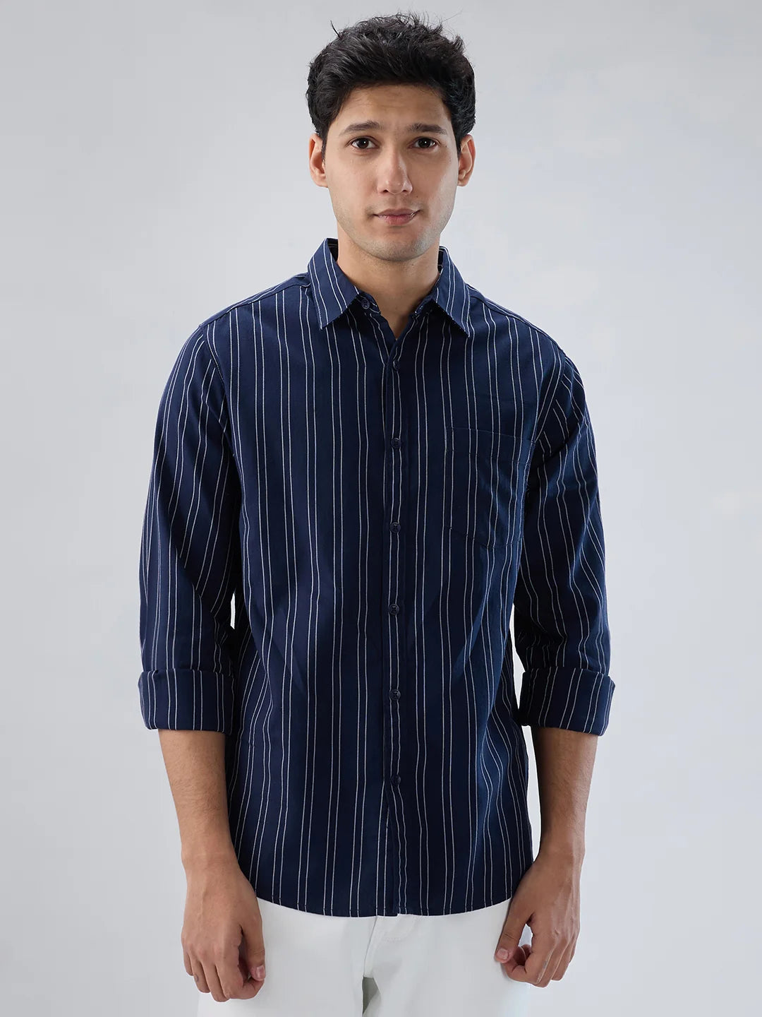 Men Shirt Stripe Navy Blue Regular Fit