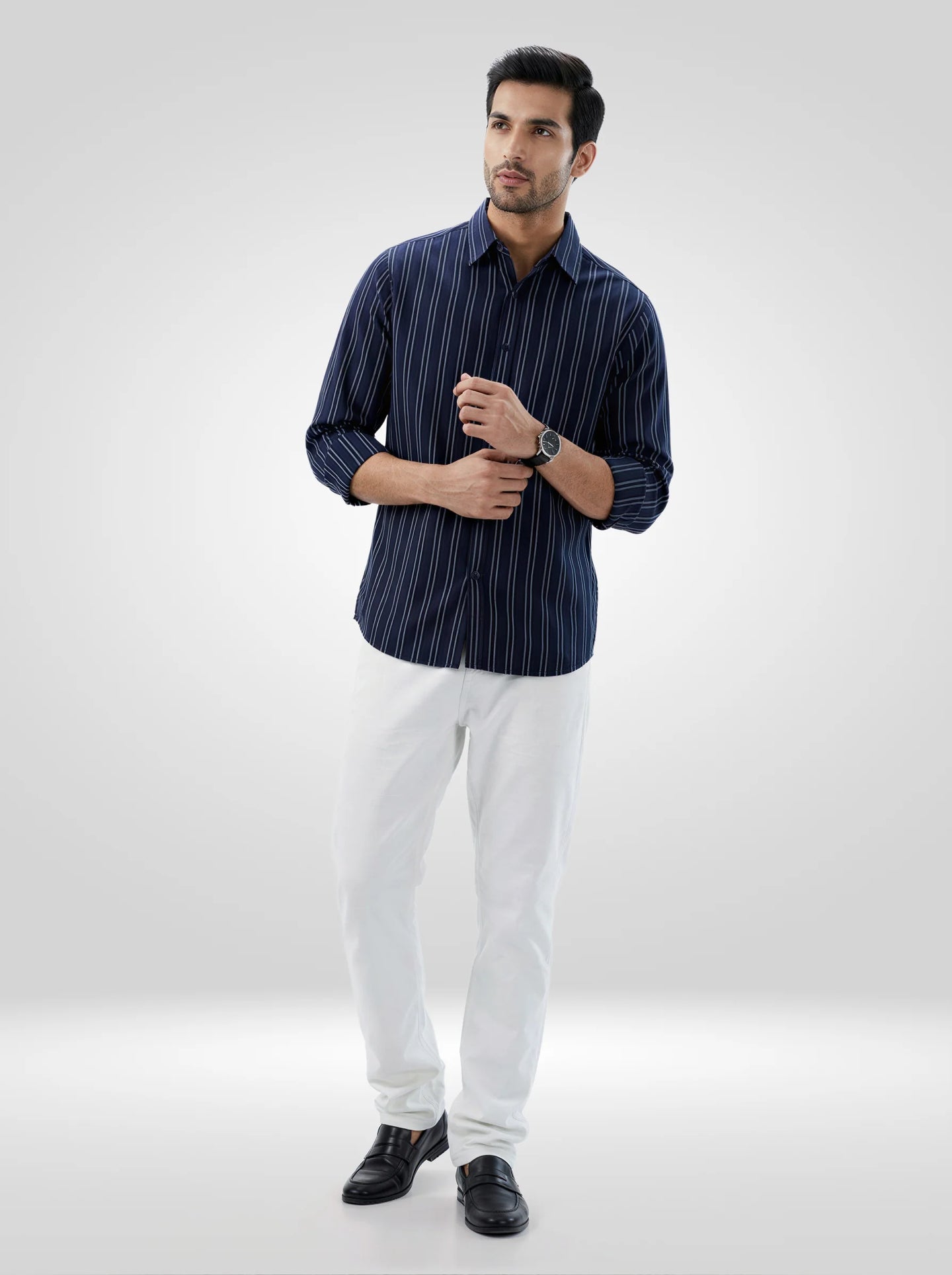 Men Shirt Stripe Navy Blue Regular Fit