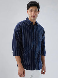 Men Shirt Stripe Navy Blue Regular Fit