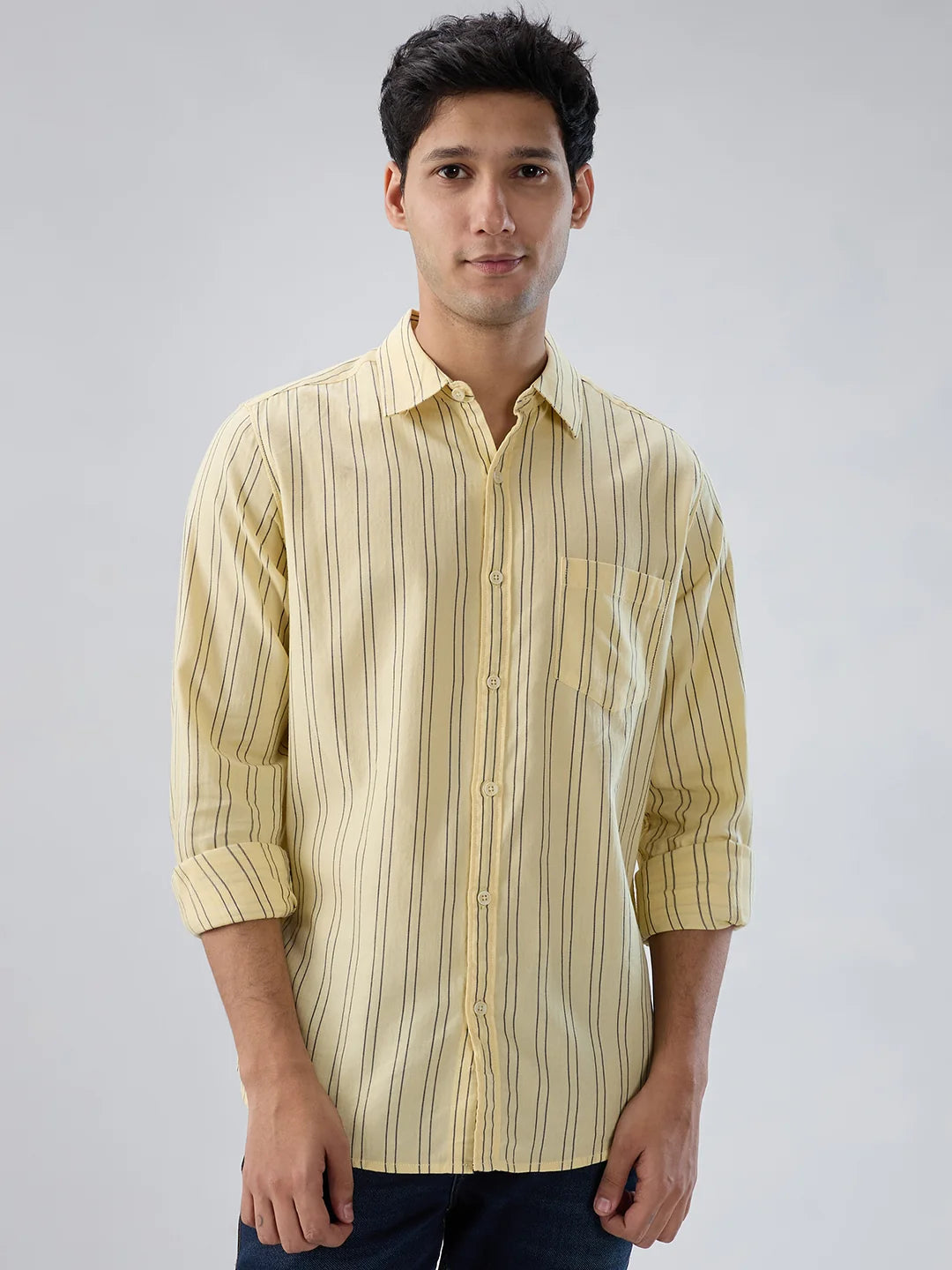 Men Yellow Stripe Regular Fit Shirts