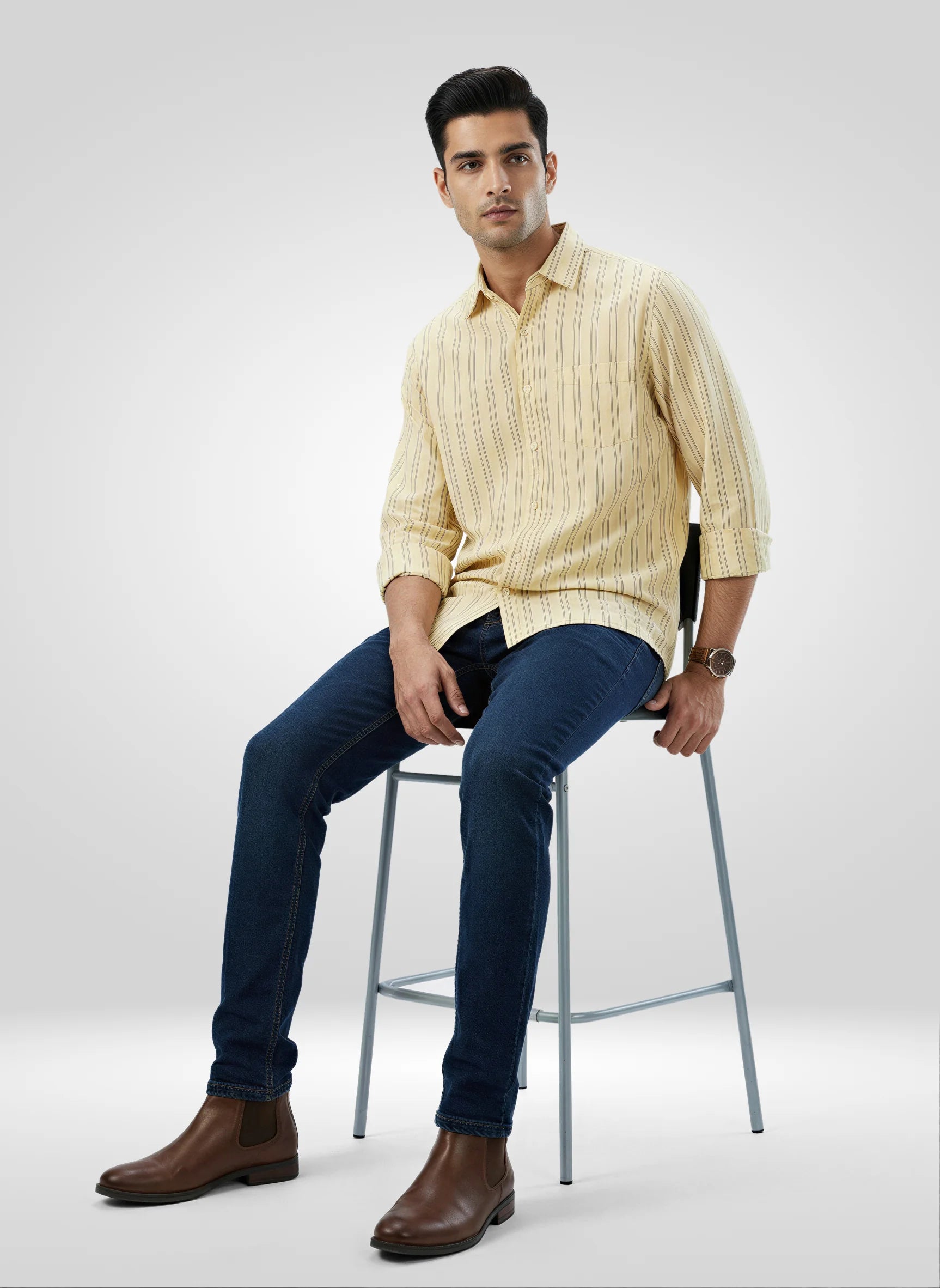 Men Yellow Stripe Regular Fit Shirts