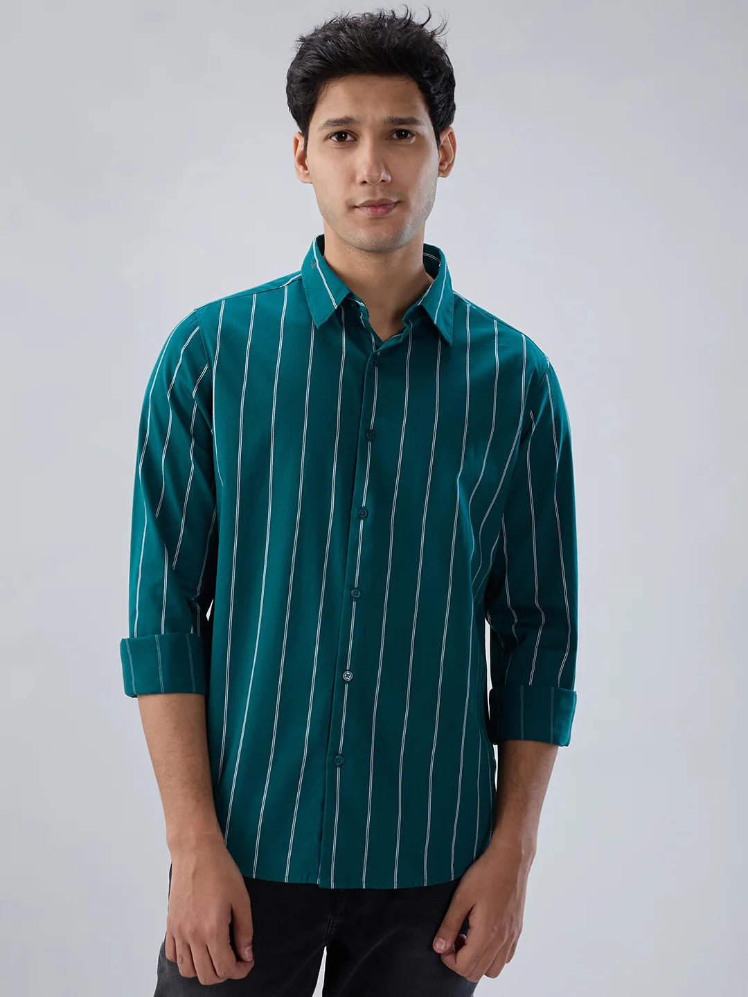Men Shirt Stripe Green Regular Fit