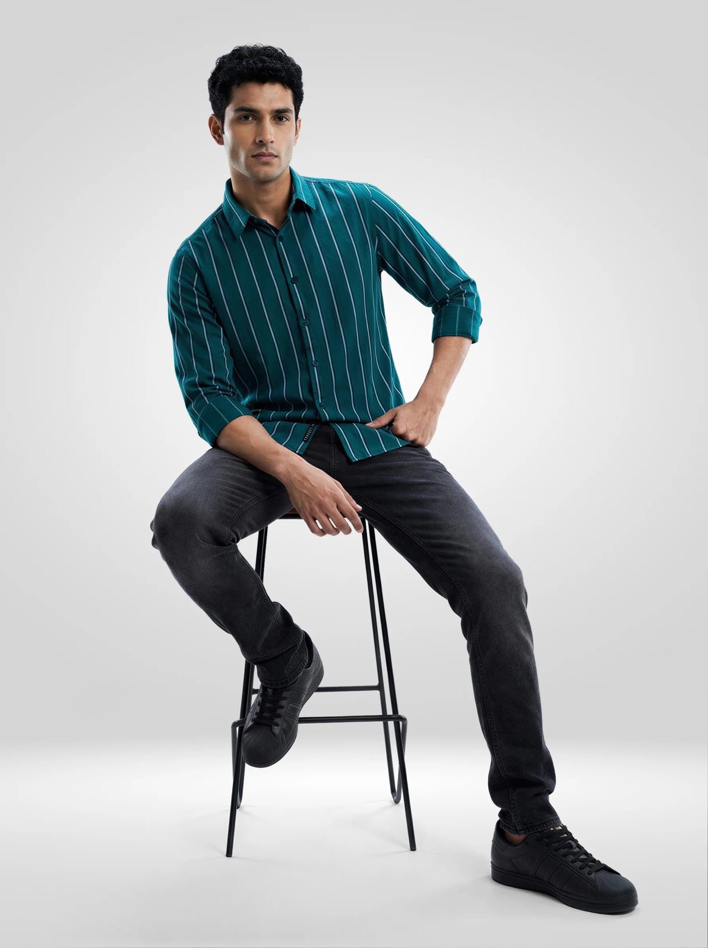 Men Shirt Stripe Green Regular Fit