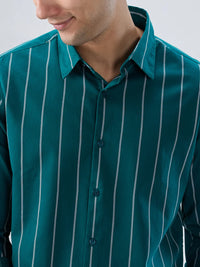 Men Shirt Stripe Green Regular Fit