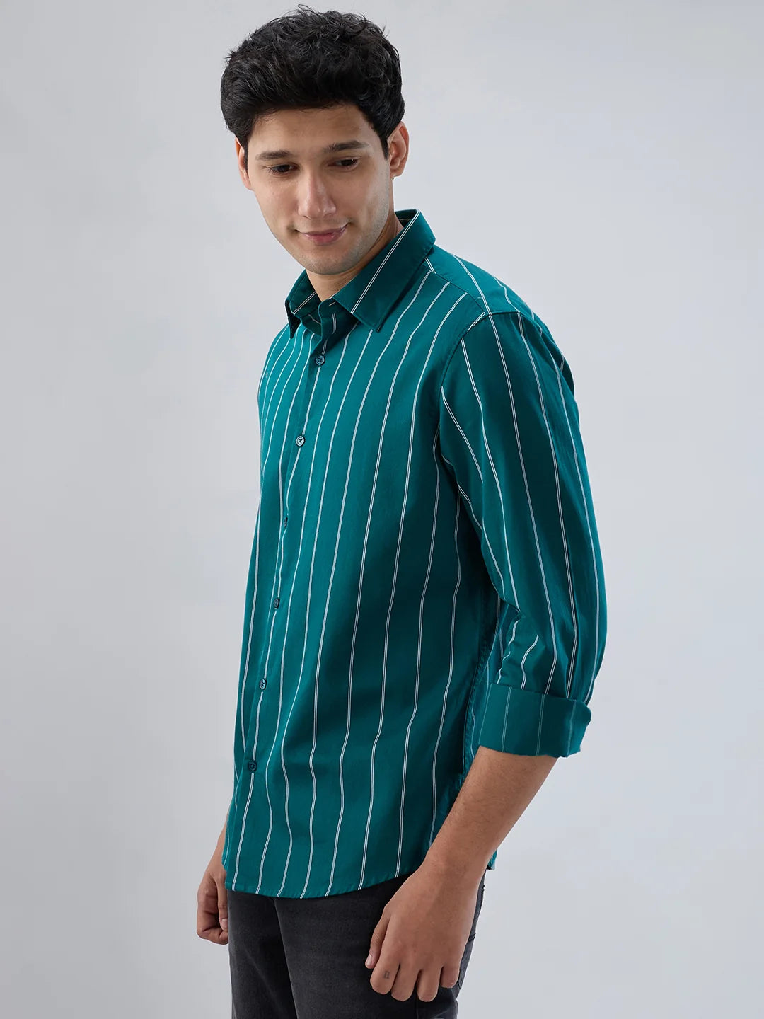 Men Shirt Stripe Green Regular Fit