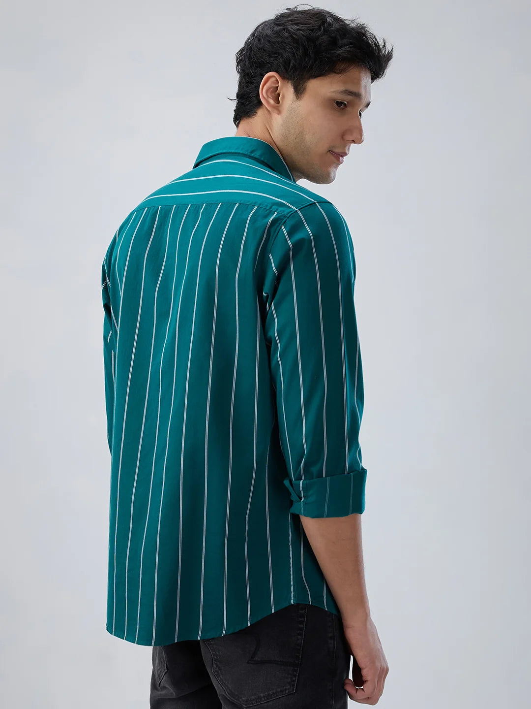Men Shirt Stripe Green Regular Fit