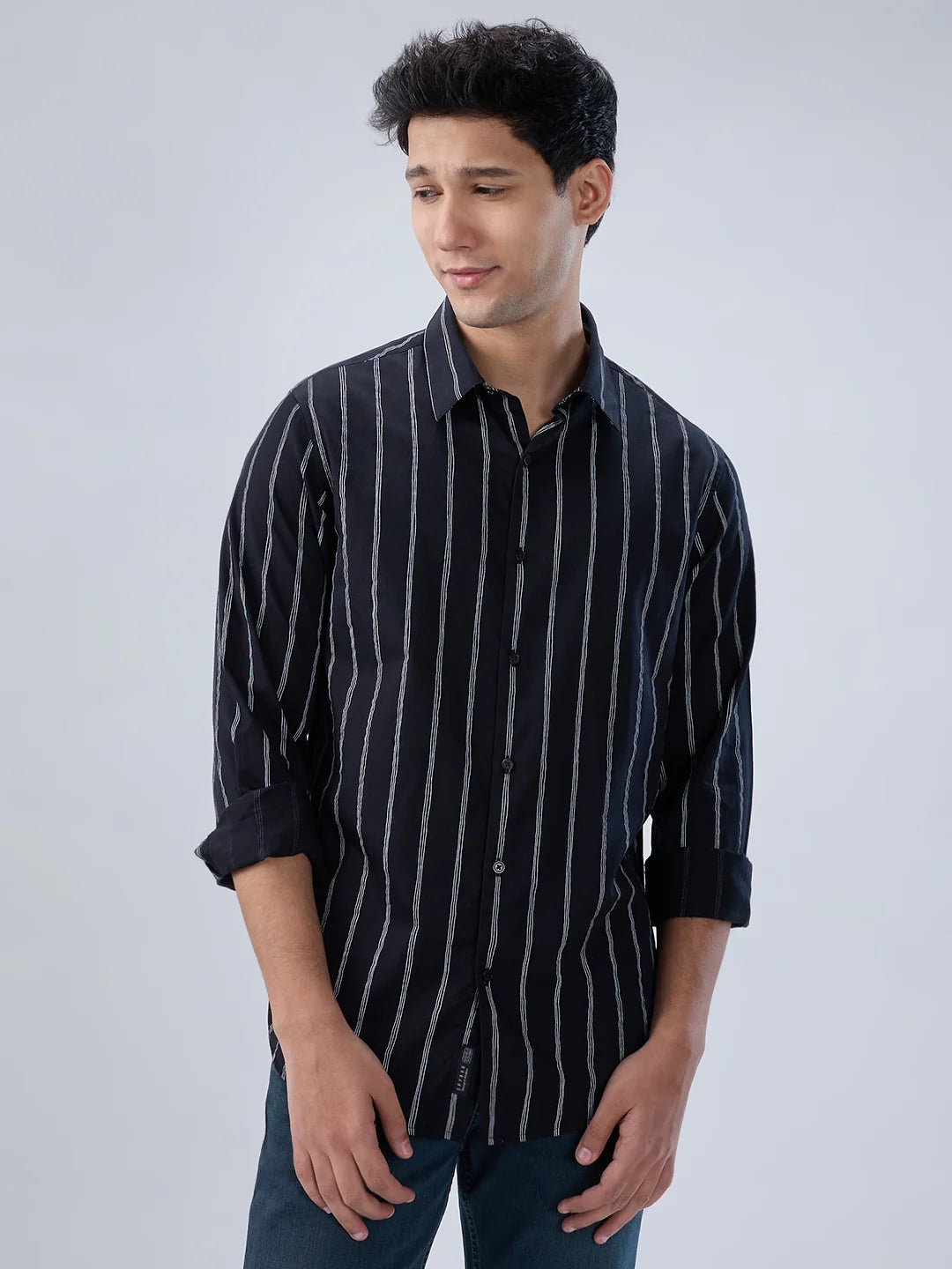 Men Shirt Stripe Black Regular Fit