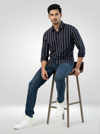 Men Shirt Stripe Black Regular Fit