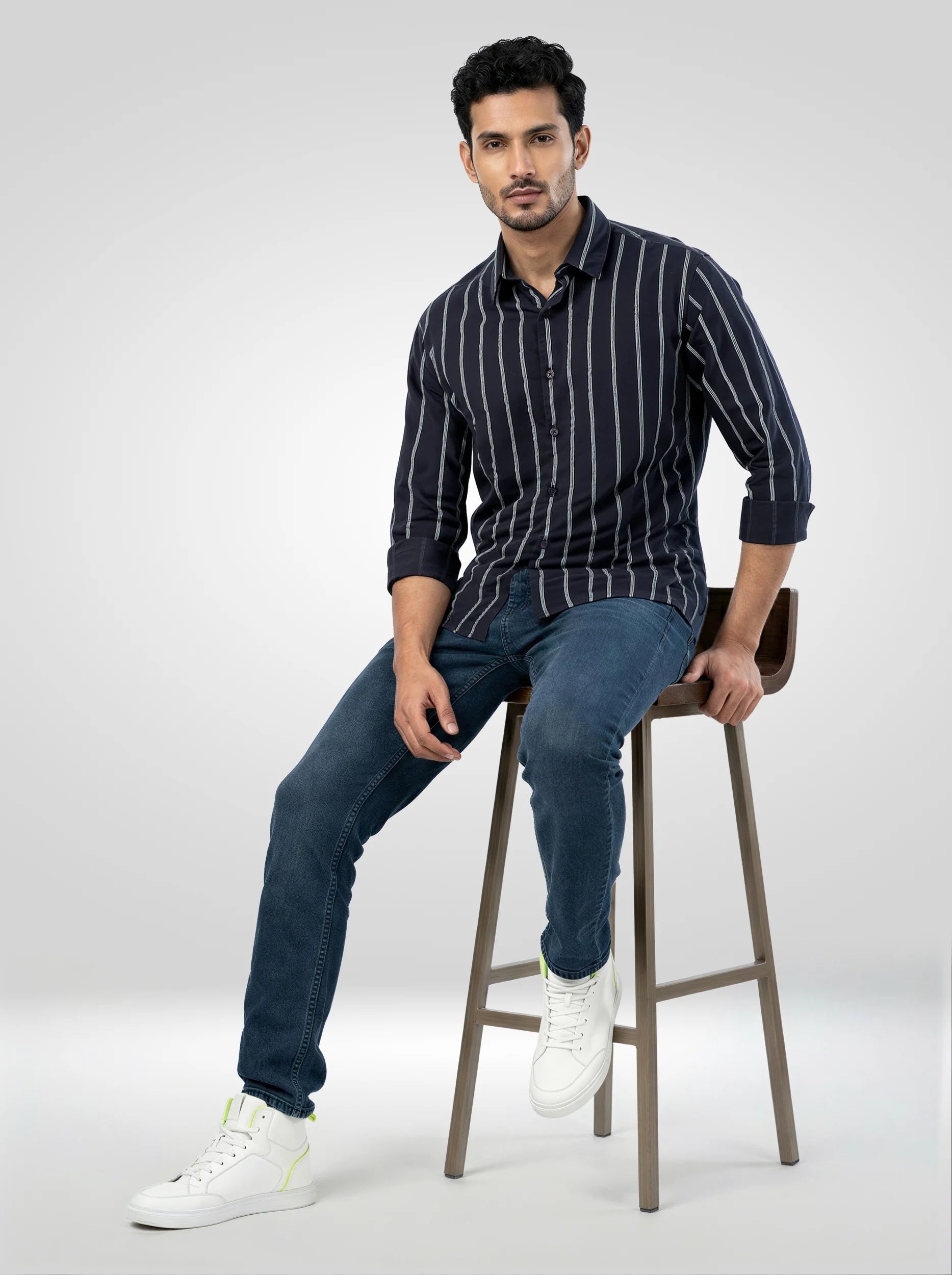 Men Shirt Stripe Black Regular Fit