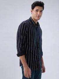 Men Shirt Stripe Black Regular Fit