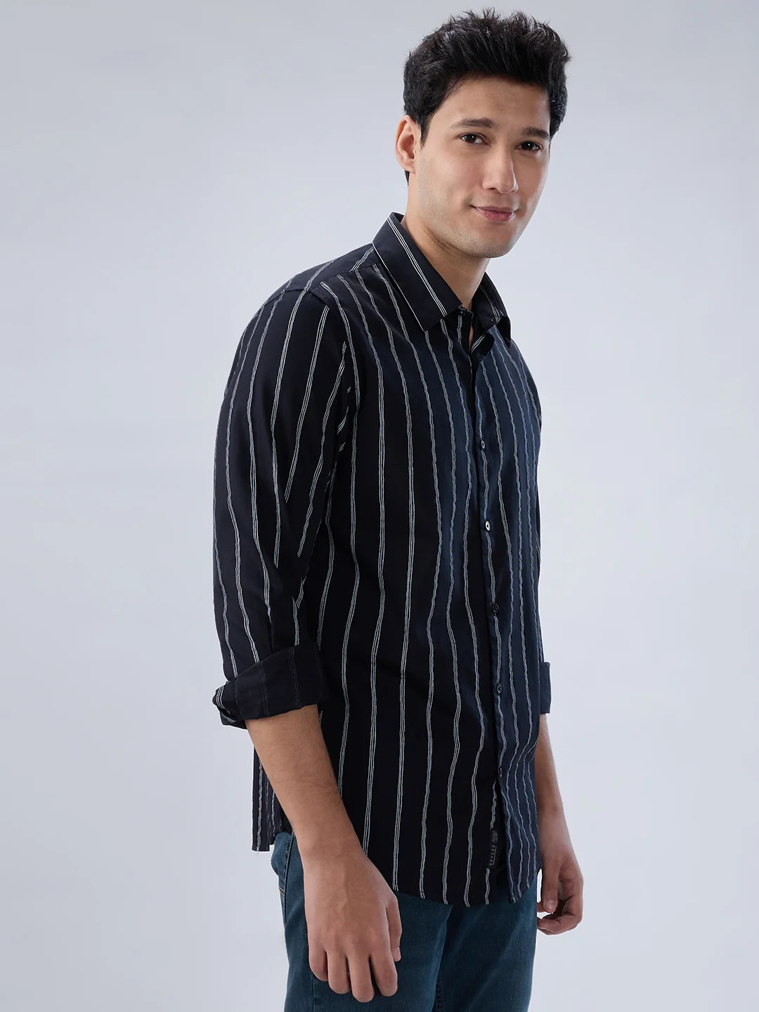 Men Shirt Stripe Black Regular Fit