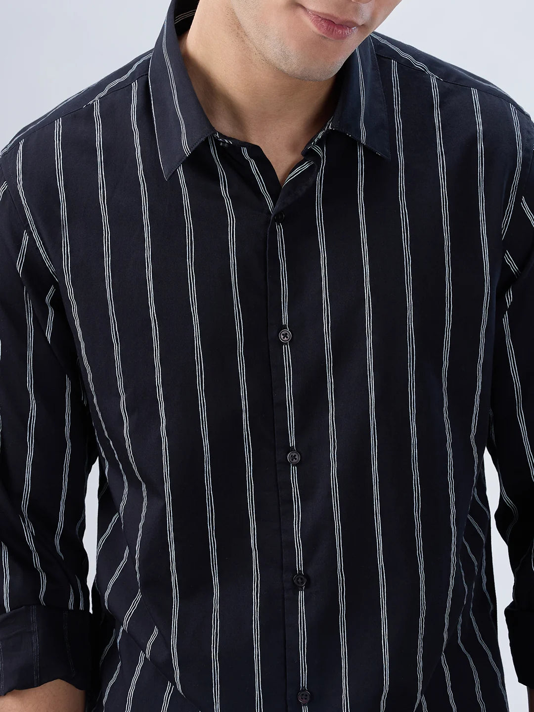 Men Shirt Stripe Black Regular Fit