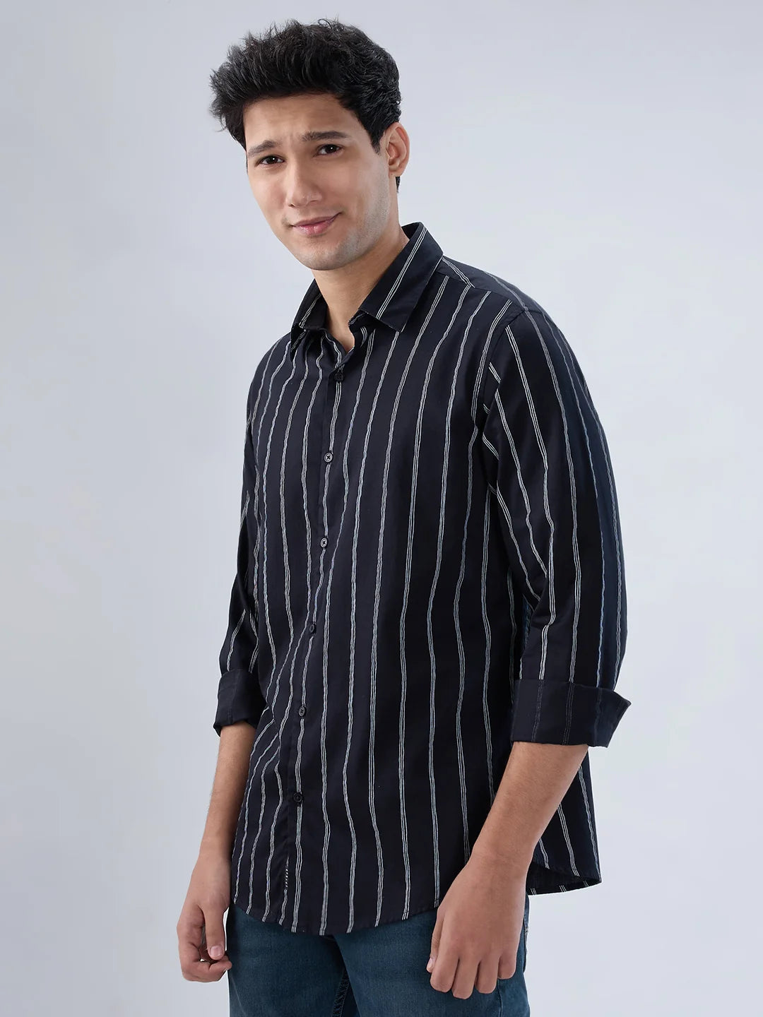 Men Shirt Stripe Black Regular Fit