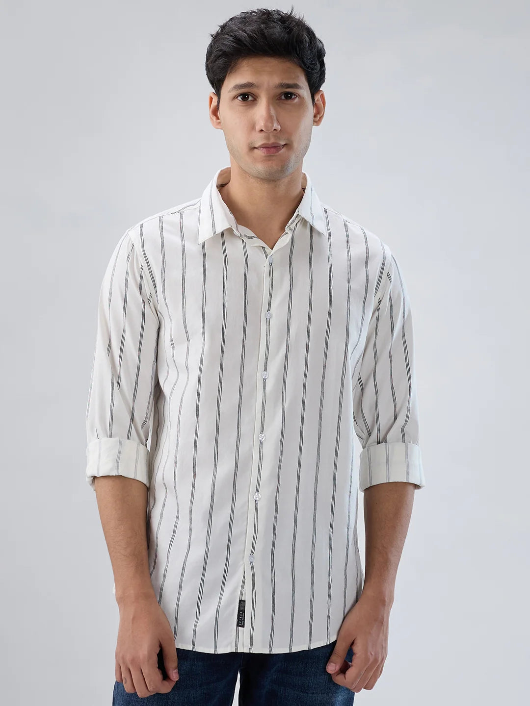 Men Shirt Stripe Off White Regular Fit