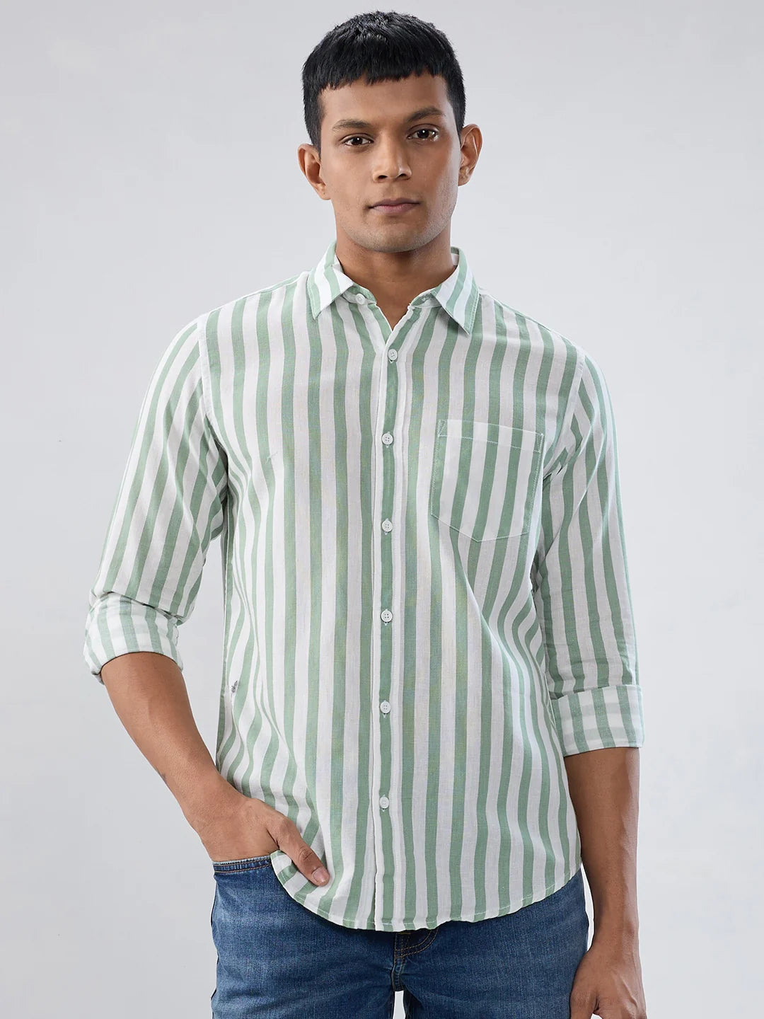 Men Shirt Stripe Green Regular Fit