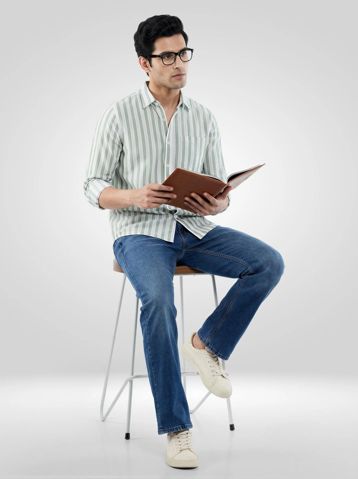 Men Shirt Stripe Green Regular Fit