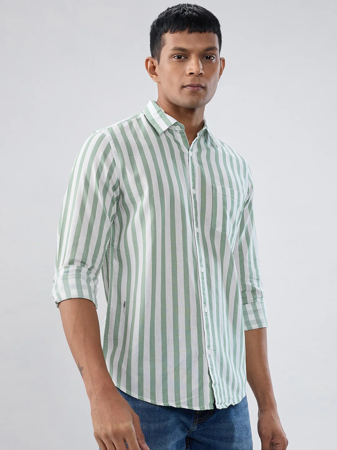 Men Shirt Stripe Green Regular Fit