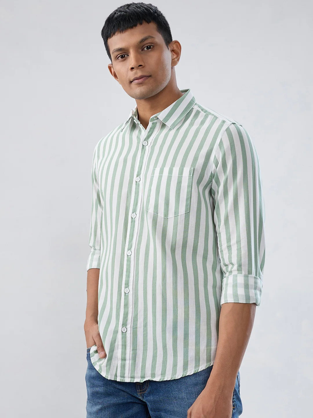 Men Shirt Stripe Green Regular Fit