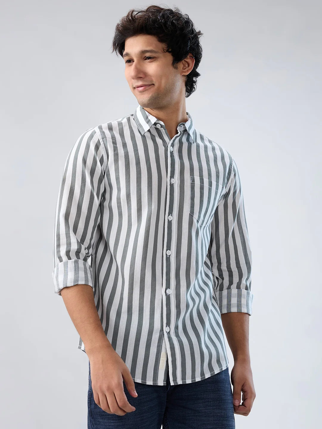 Men Grey Stripe Regular Fit Shirts