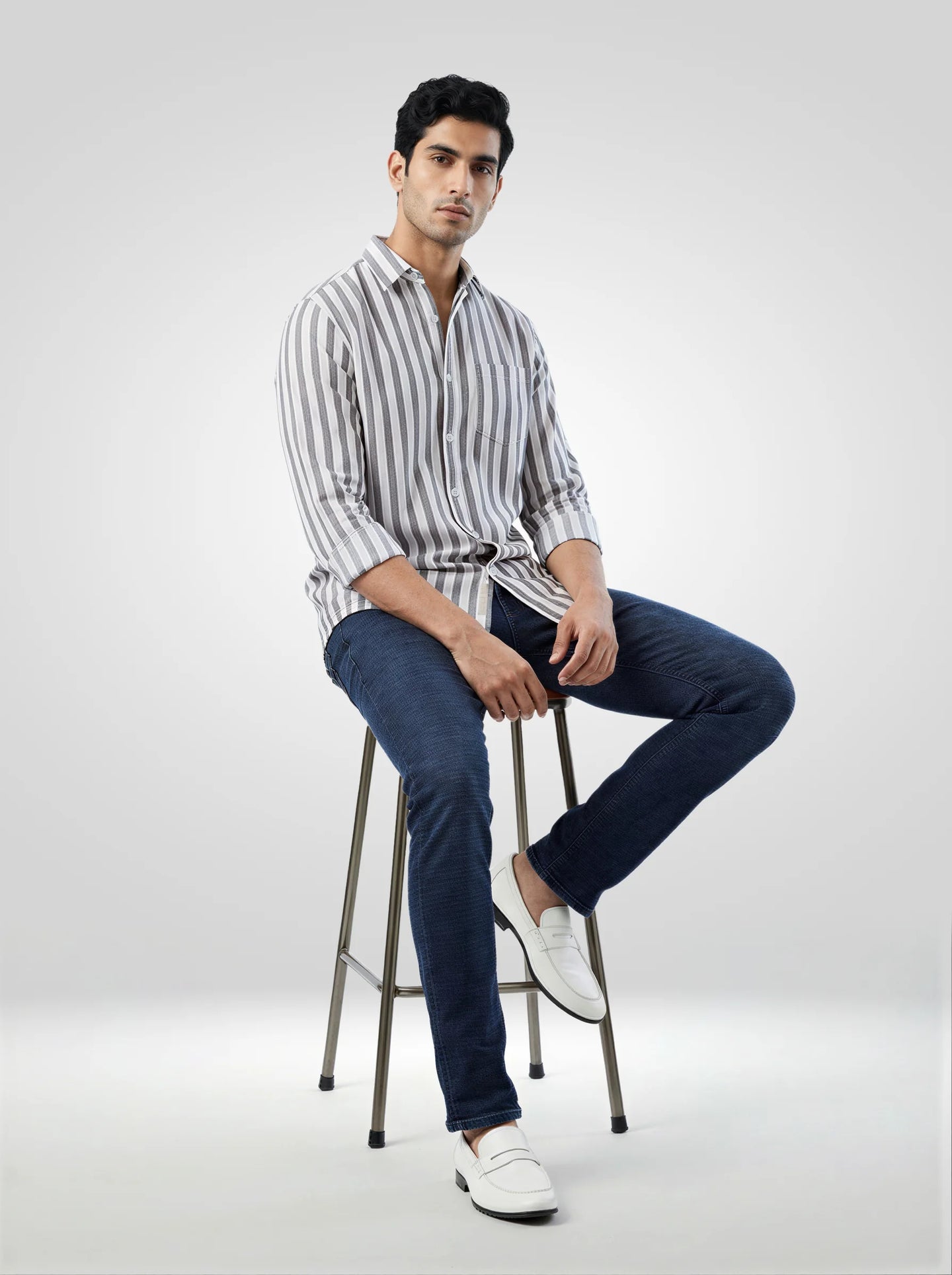 Men Shirt Stripe Grey Regular Fit