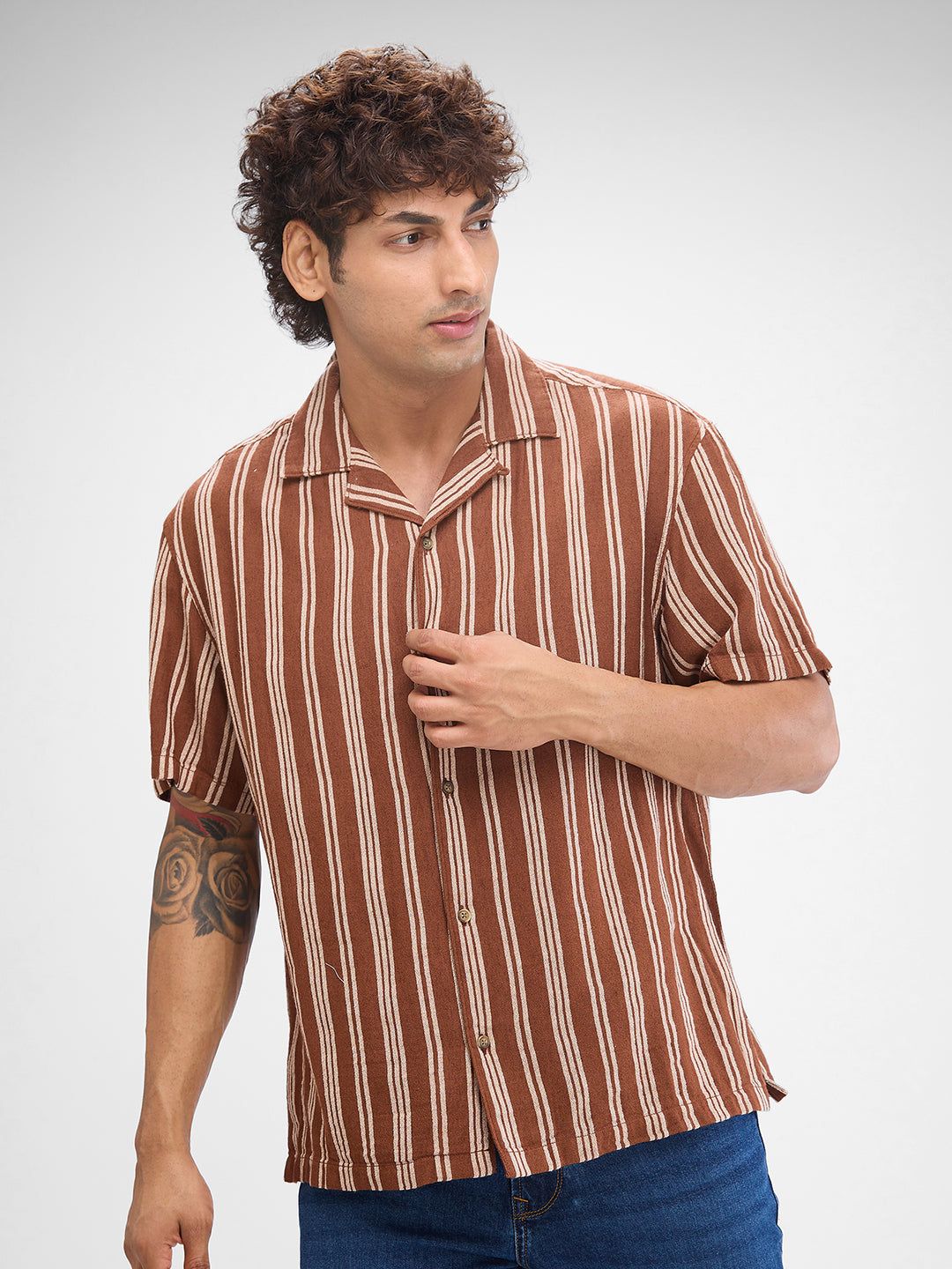 Men Shirt Stripe Brown Slim Fit