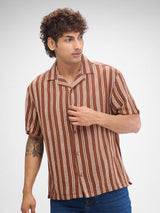 Men Shirt Stripe Brown Slim Fit
