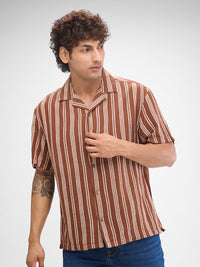 Men Shirt Stripe Brown Slim Fit