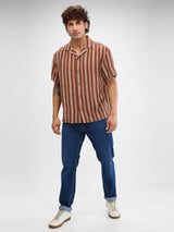 Men Shirt Stripe Brown Slim Fit