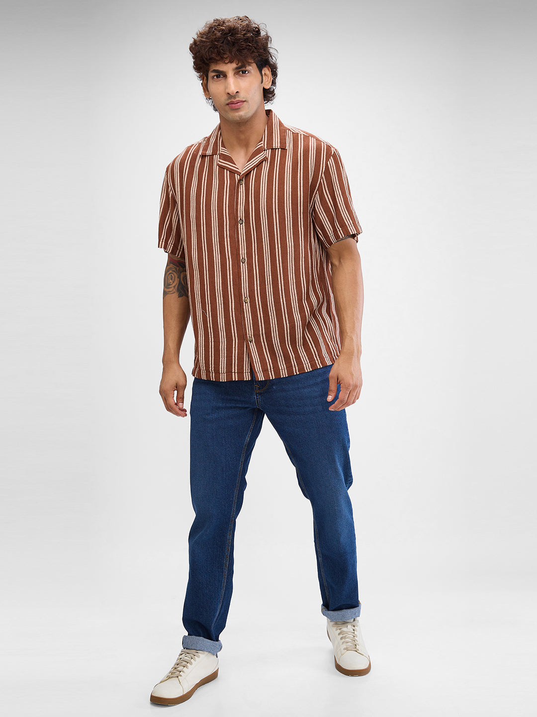 Men Shirt Stripe Brown Slim Fit