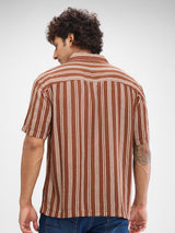 Men Shirt Stripe Brown Slim Fit